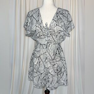 Lush Black and Cream Leaf Pattern Tie Front Romper